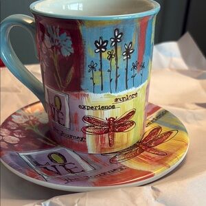 Colorful Mug and Saucer Set with Dragonfly Design
